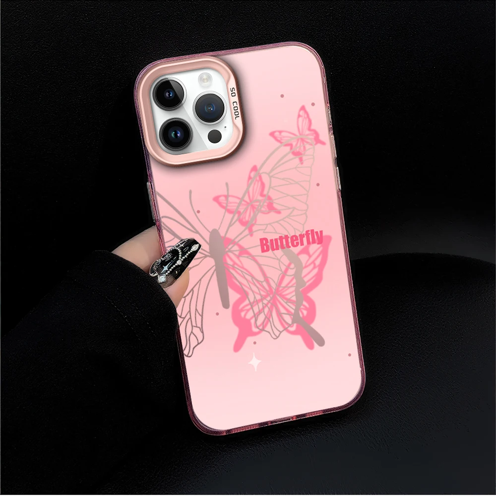 Capa de telefone de moda sonho borboleta rosa, IMD Color Shell para iPhone 16, 12, 13, 14, 15, 11, Max Pro, Plus