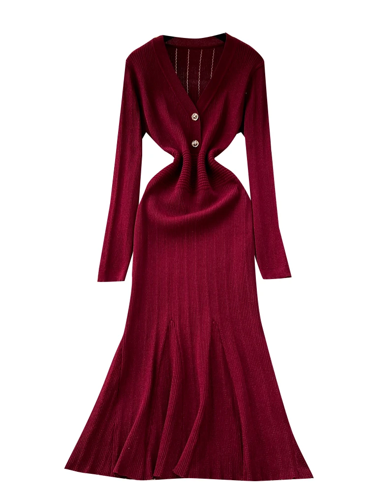 Feminino com decote em v babados vestido de malha vermelha outono manga longa camisola cabida sereia maxi vestido chique quente camadas puxa femmes