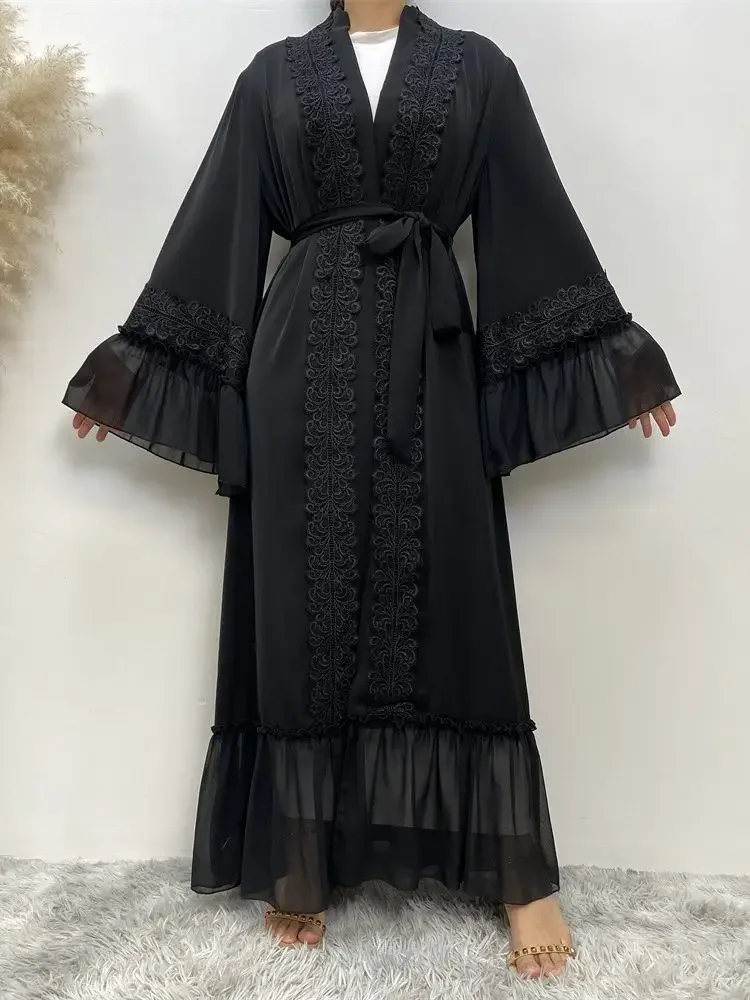 Eid Muslim Black Abaya for Women Djellaba Morocco Dress Dubai Embroidery Flare Sleeve Lace Abayas Dubai Islam Robe with Belt