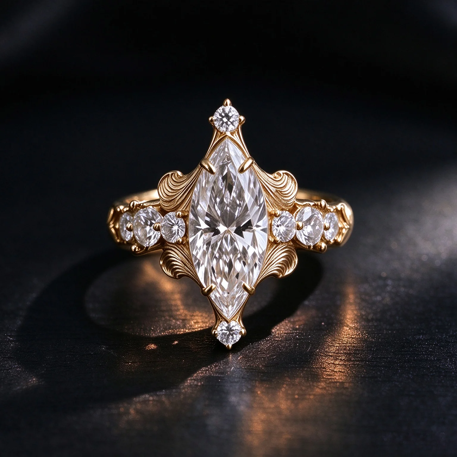 925 Sterling Silver Marquise Cut CZ Engagement Ring for Women Vintage Carved Gold Plated Statement Ring Retro Art Deco Wedding F