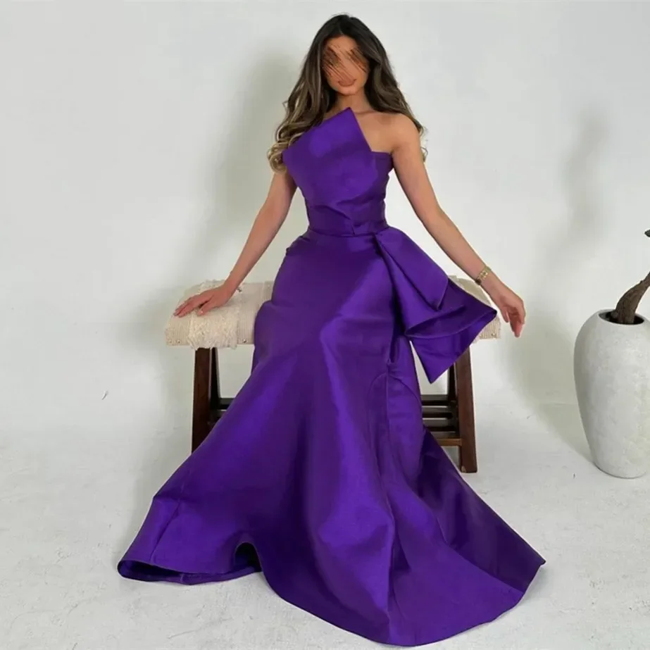 Customized Elegant Long Purple Strapless Evening Dresses with Ruffles Mermaid Floor-Length Sweep Train Prom Dresses for Women