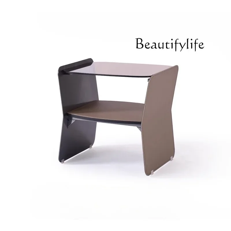 

BJ Italian Minimalist Bedside Table Creative Small Table Saddle Leather Suspension High-end Brown Mobile Side Cabinet