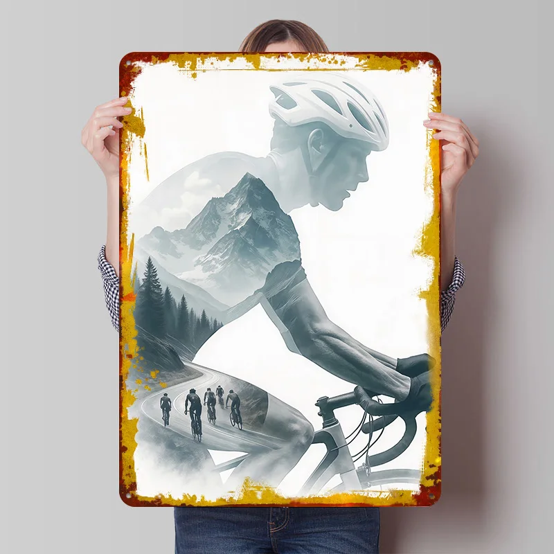 Cyclist in Mountain Landscape Double Exposure Metal Poster Custom Wall Art Retro Vintage Tinplate Signs for Man Cave Home Decor
