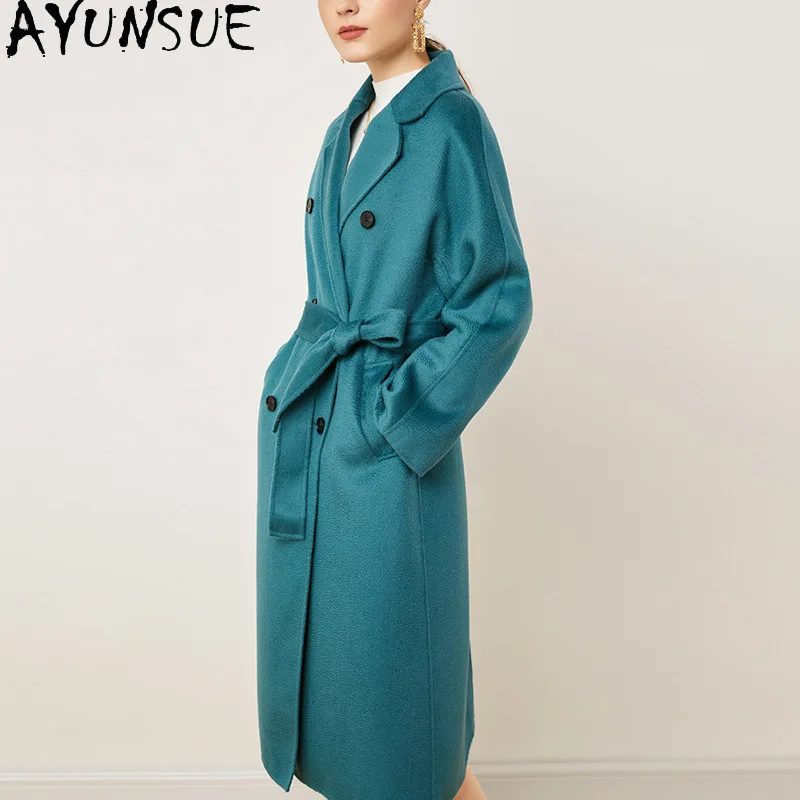 AYUSNUE 95.7% Wool Winter Jacket Women Clothes 2026 Double-side Woolen Elegant Trench Coat for Woman Handmade Belt Abrigos Mujer
