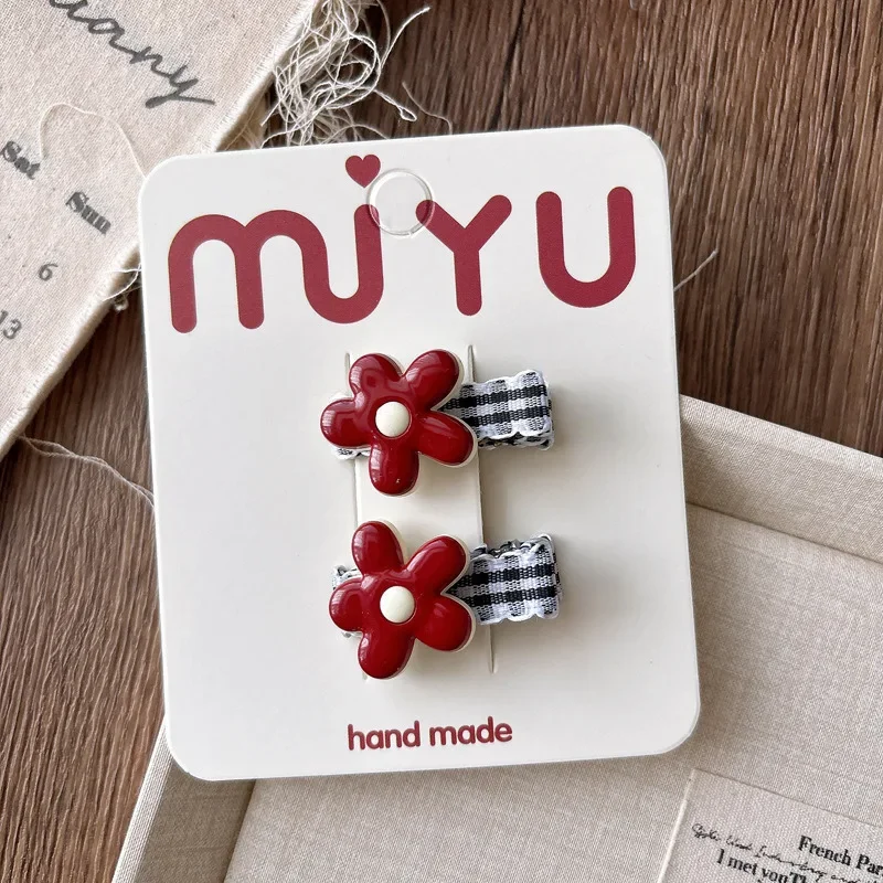 2Pcs Korean Style Baby Girls Hairpins Cartoon Red Flower BB Clip Children's Hair Clip Bangs Clip Hair Accessories Birthday Gift