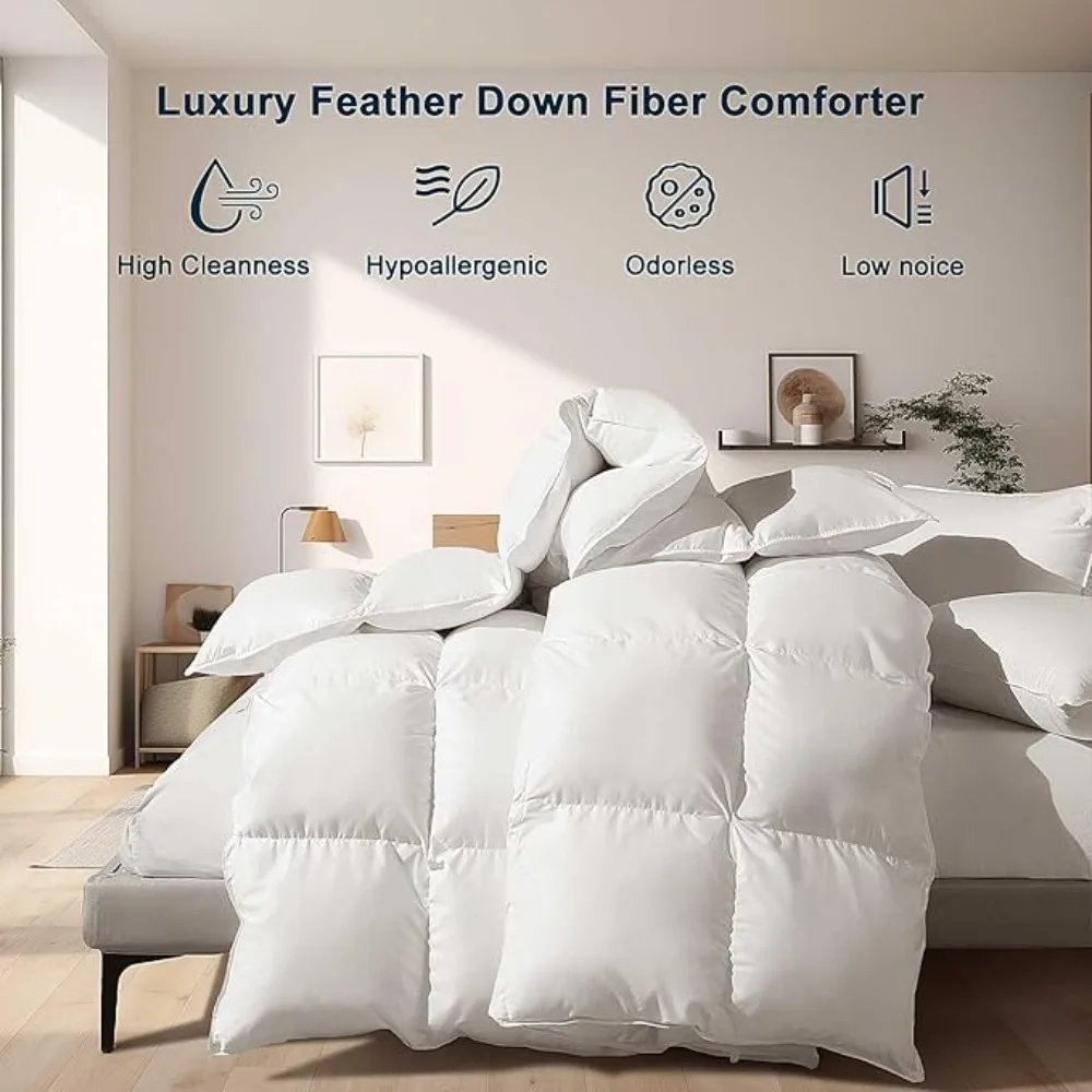 Feather Down Fiber Comforter King Size Duvet Insert,Ultra Soft Luxury All Season White 100% Cotton Hotel Collection Bed