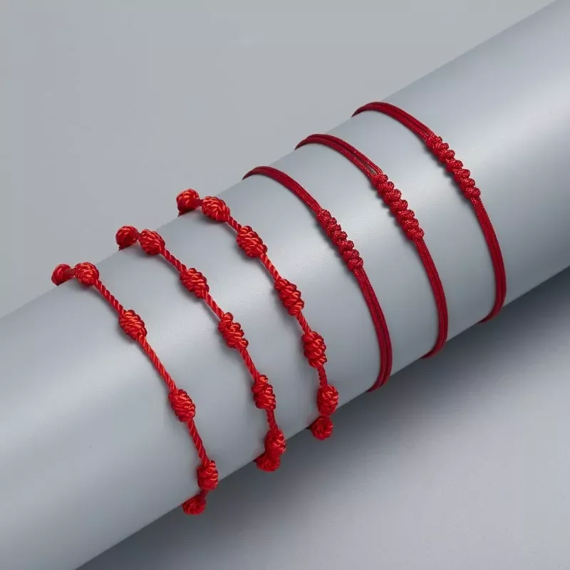 Handgefertigtes 7-Knoten-Glücksbringer-Seil mit roter Schnur, rot geflochtenes Armband, Armreif, Amulett-Kette, geflochten, für Damen und Herren, Party, Schmuck, Geschenk – Detail 5