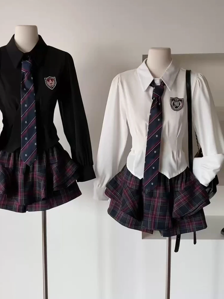 Women Japanese Y2k Preppy JK Coquette Gyaru 2000S Coquette Outfits 2 Piece Set Long Sleeve Skirts With Tie + Mini Plaid Skirts