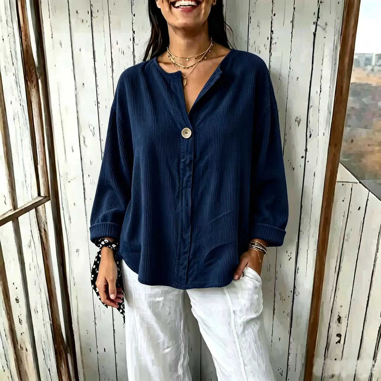Women's Linen Blend Long Sleeve Shirt Stand Collar Half Button Front Casual Loose Fit Versatile Commute Office Daily Wear Blouse