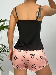 Women's pajamas new design a suspenders a pair of shorts two-piece pink pants black top love pattern cute elegant casual