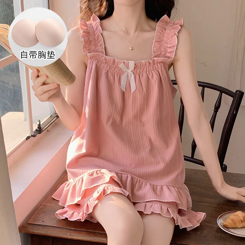 Two-piece Summer Solid Color Suspender Suit Pajamas for Women Sweet with Chest Pad Pajamas Vests Home Clothes 여자 잠옷