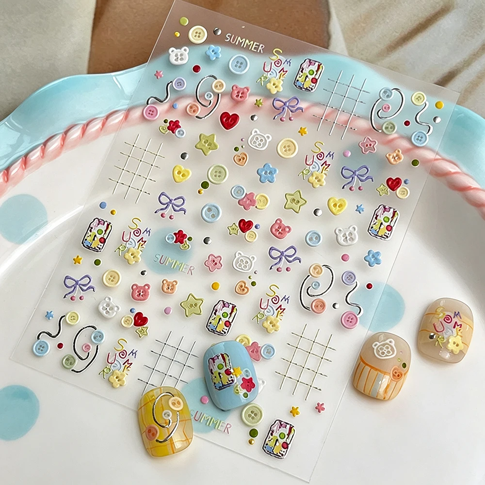 1pcs Cute Cartoon Button Nail Art Stickers Colorful Kawaii Bow Button Bear Heart Star Apple Y2K Decals DIY Manicure Decorations