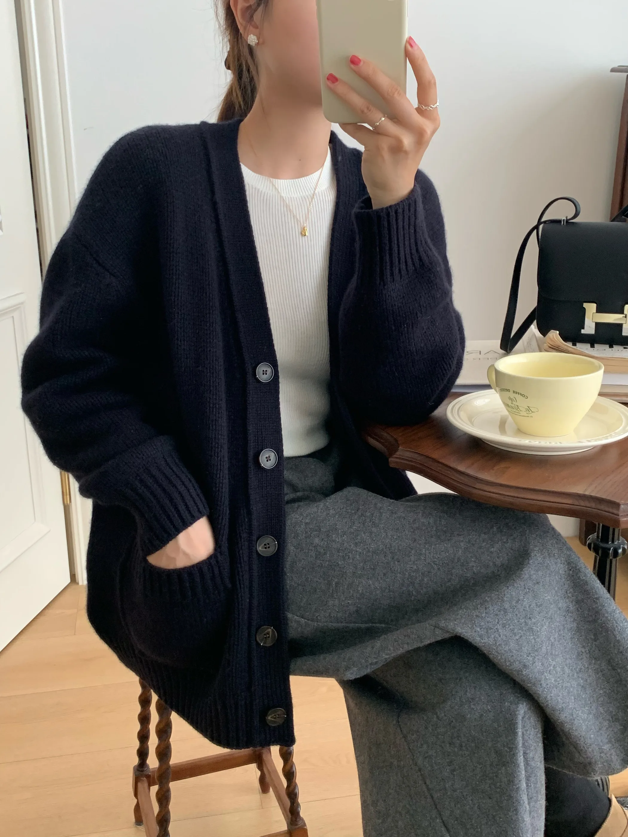 

Sunny Home Long Island Early Autumn Winter Thiened Woolen Coat Middle Length Lazy Sle High Quali Slimming Outerwear