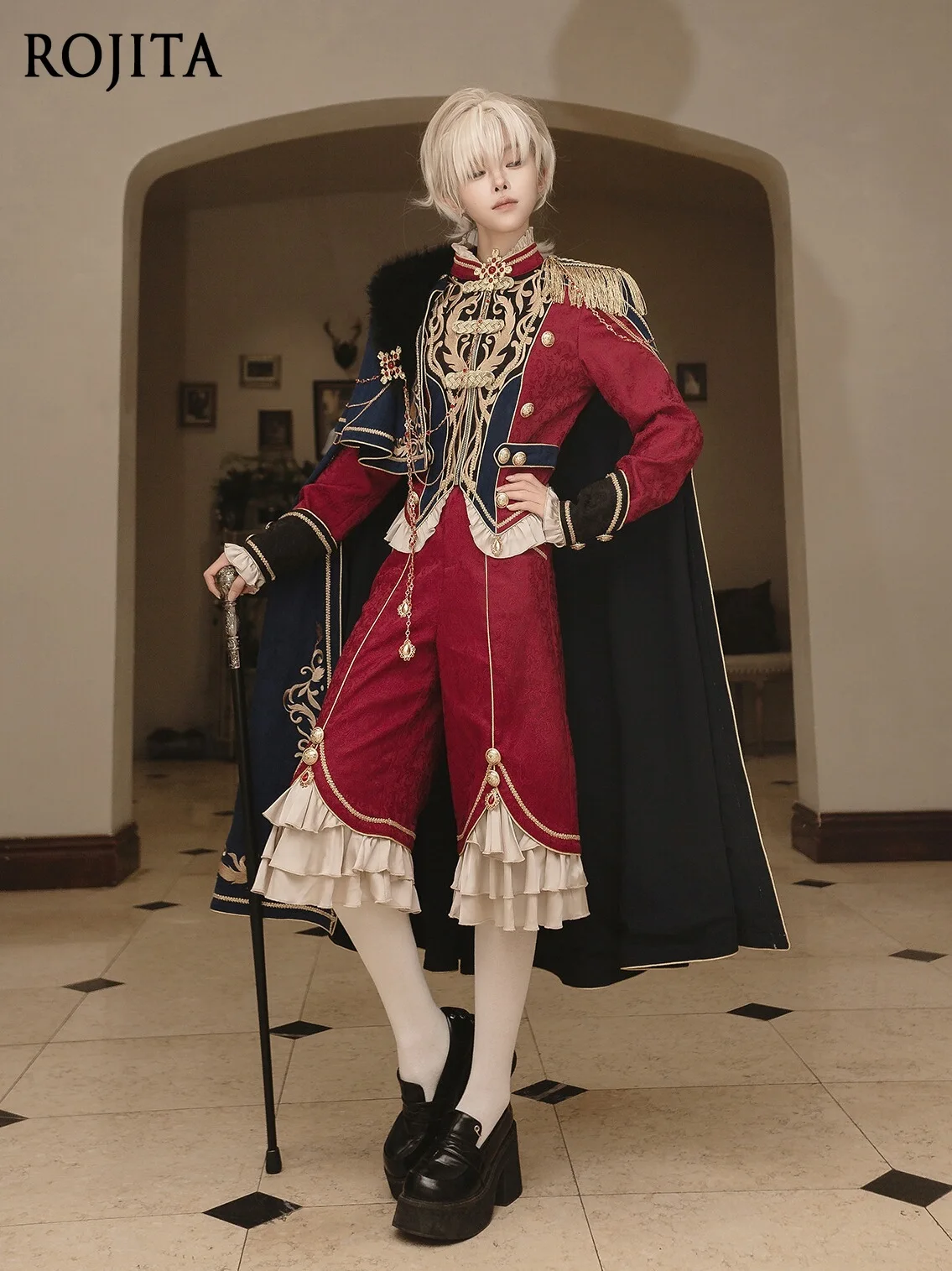 

Royal Glory Original Lolita European Medieval Court Style Embroidery Stand Collar Slim Top + Pants Prince Lolita Cloak Sets