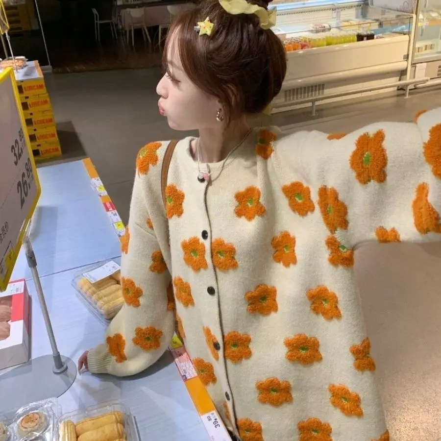 O Neck Flower Loose Knitwear Cardigan Female Spring Autumn Knit Outwear Women'S Sweater Coat Korean Floral Casual Cardigans