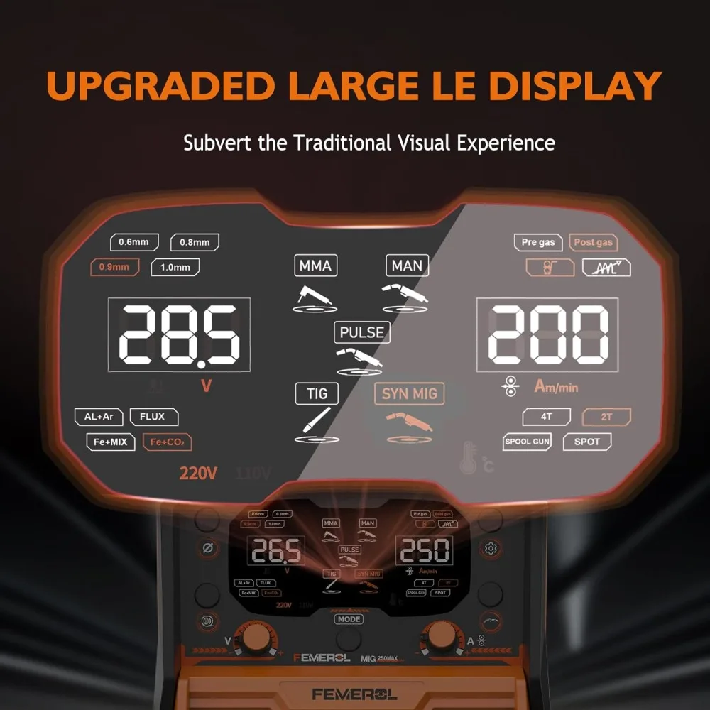 250A aluminium gepulseerde MIG-lasser, 7-in-1 gas MIG / pulse MIG / Flux Core / Stick / Lift TIG / puntlassen / spoelpistool compatibel aluminium