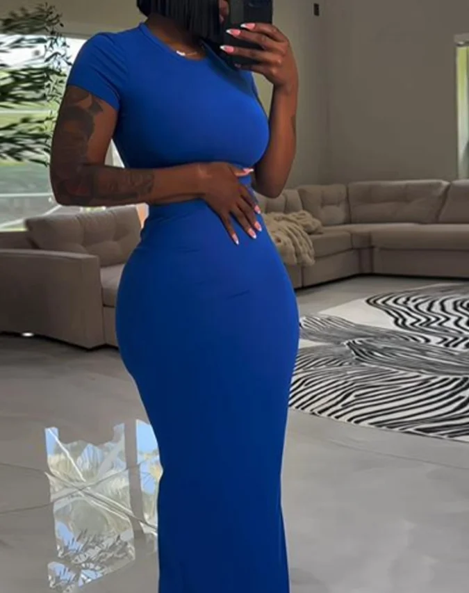

Two Piece Set for Women 2024 Skirt Set New Fashion Short Sleeve Round Neck Crop Skinny T-Shirt & High Waist Skirt Set