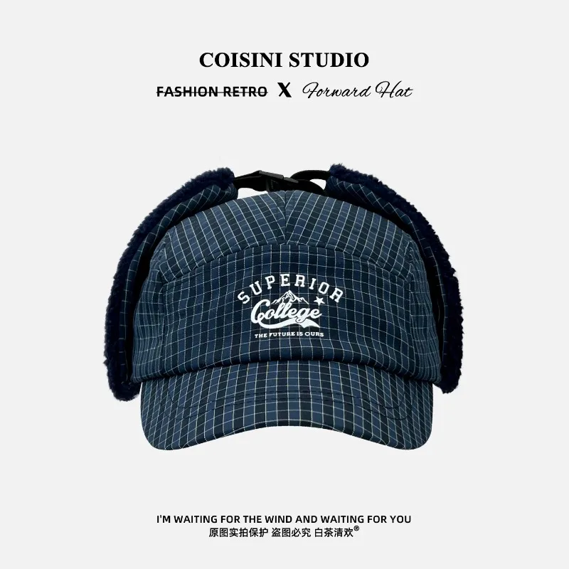 Plaid Waffle Trapper Hats with Brim Fleece Lined Earflap Winter Cap Unisex Outdoor Windproof Warm Ski Bomber Hat for Men Women