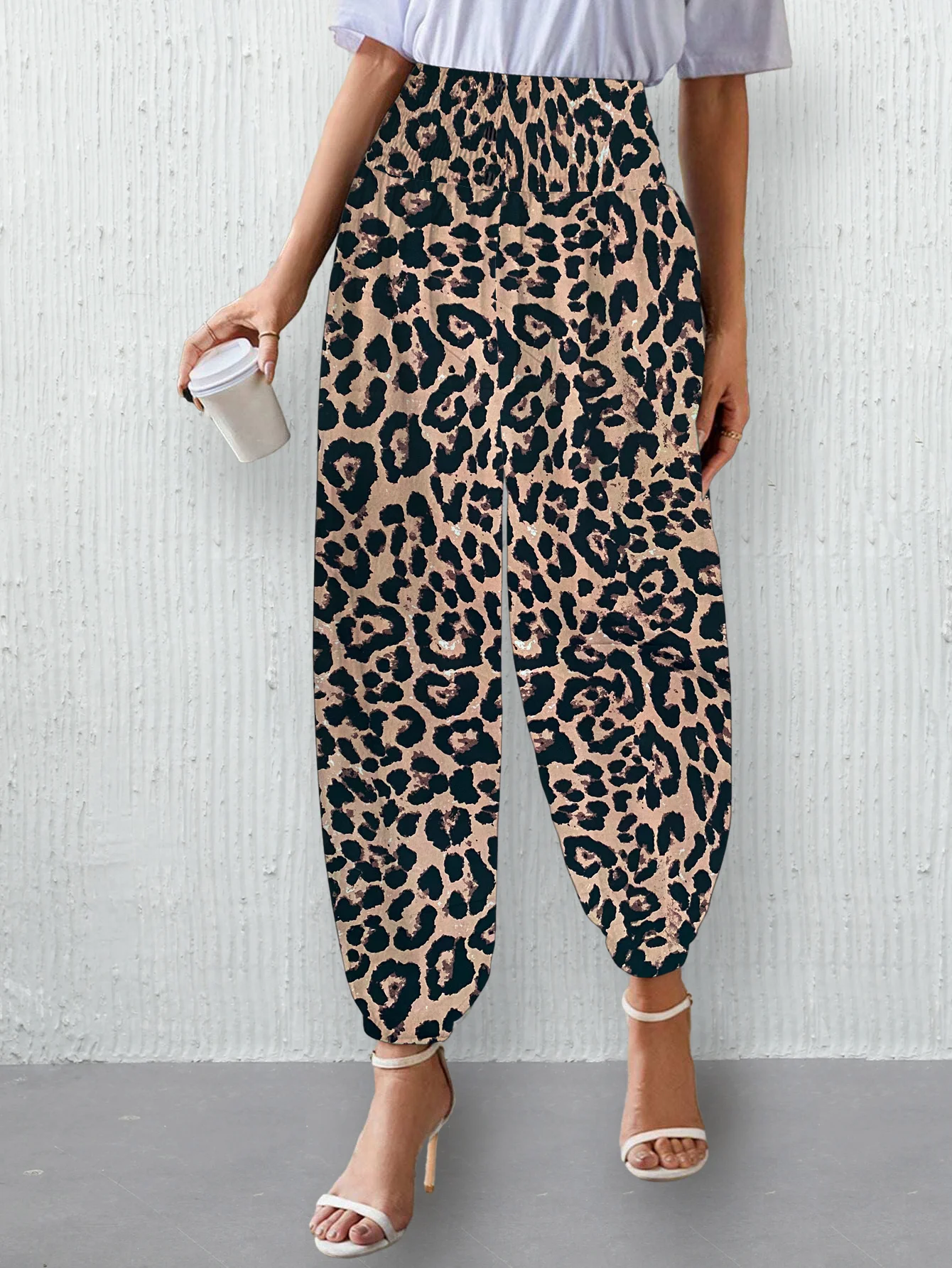 Women Elastic High Waist Cropped Pants with Pockets Spring Summer Casual Leopard Floral Print Pants