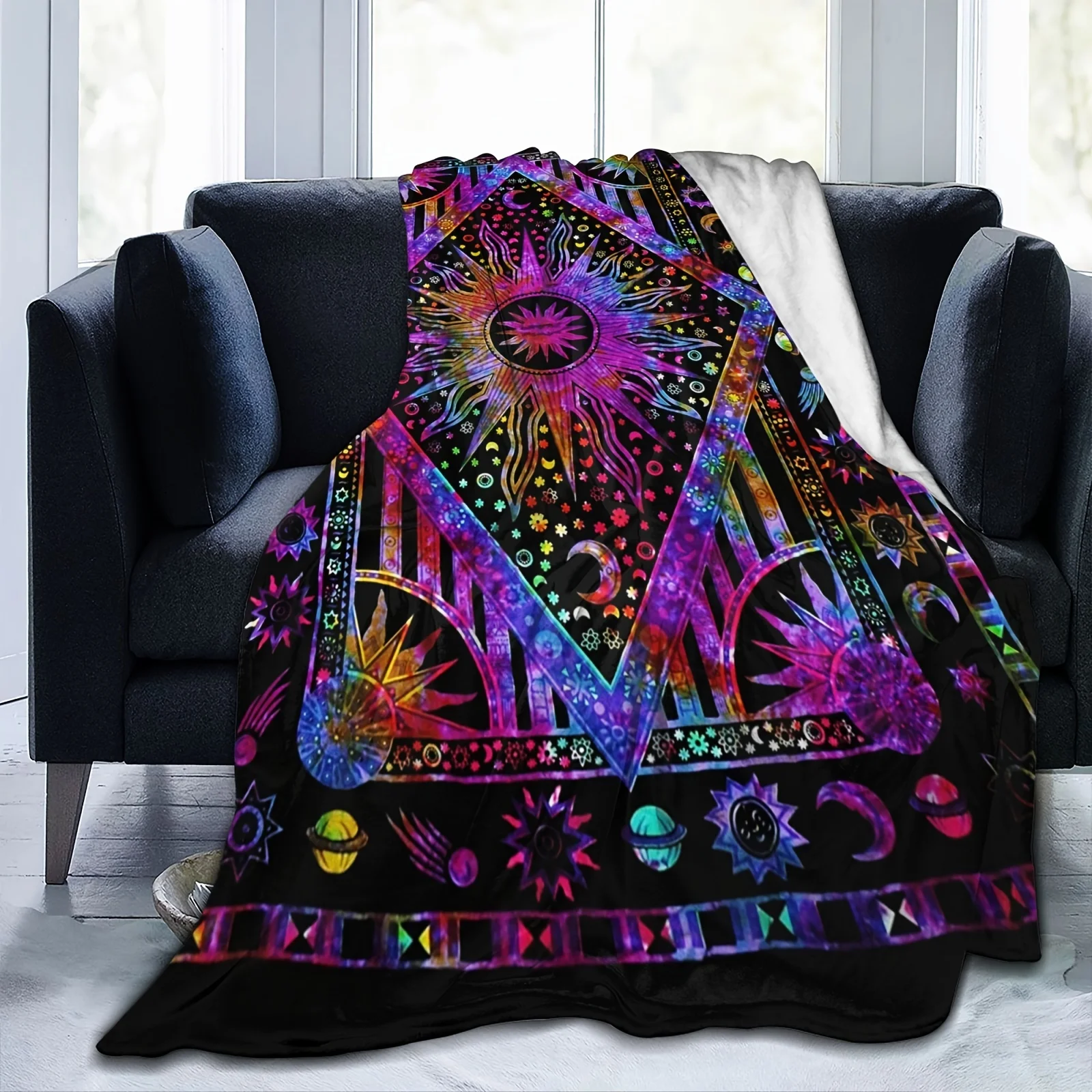 

Celestial Sun Moon Planet Bohemian Fleece Blanket Soft Bed Throw Tie Dye and Purple Burning Sun Tapestry Lightweight Blanket