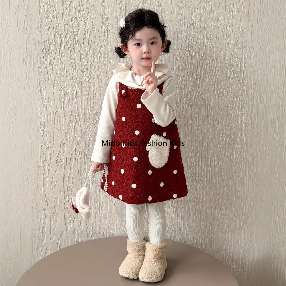1-8Y Kids Fleece Dress Set Winter Warm Princess Vest Dress with Love Pattern for Girls Skirt + lapel base layer outfit 90-140cm