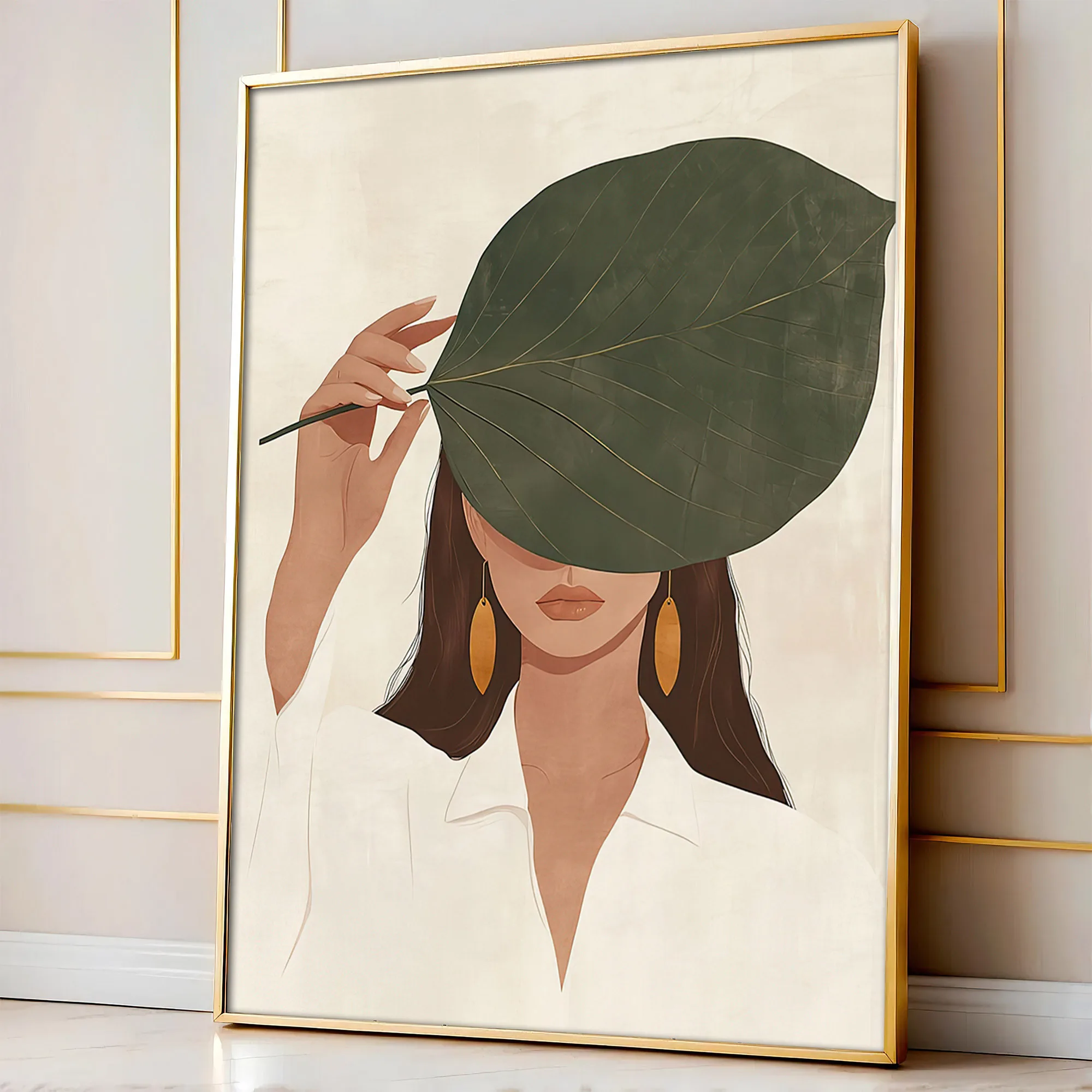 Woman Hiding Her Face with Leaves Canvas Print Poster Modern Minimalism Abstract Art Prints Bedroom Wall Art Home Decor Poste