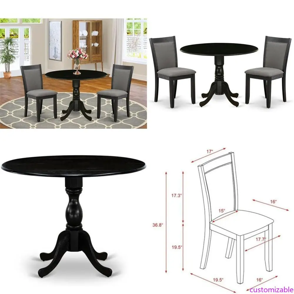 طقم طعام مكون من 3 قطع من East West Furniture مع طاولة مستديرة من Dropleaf وكرسيين باللون الرمادي الداكن #1