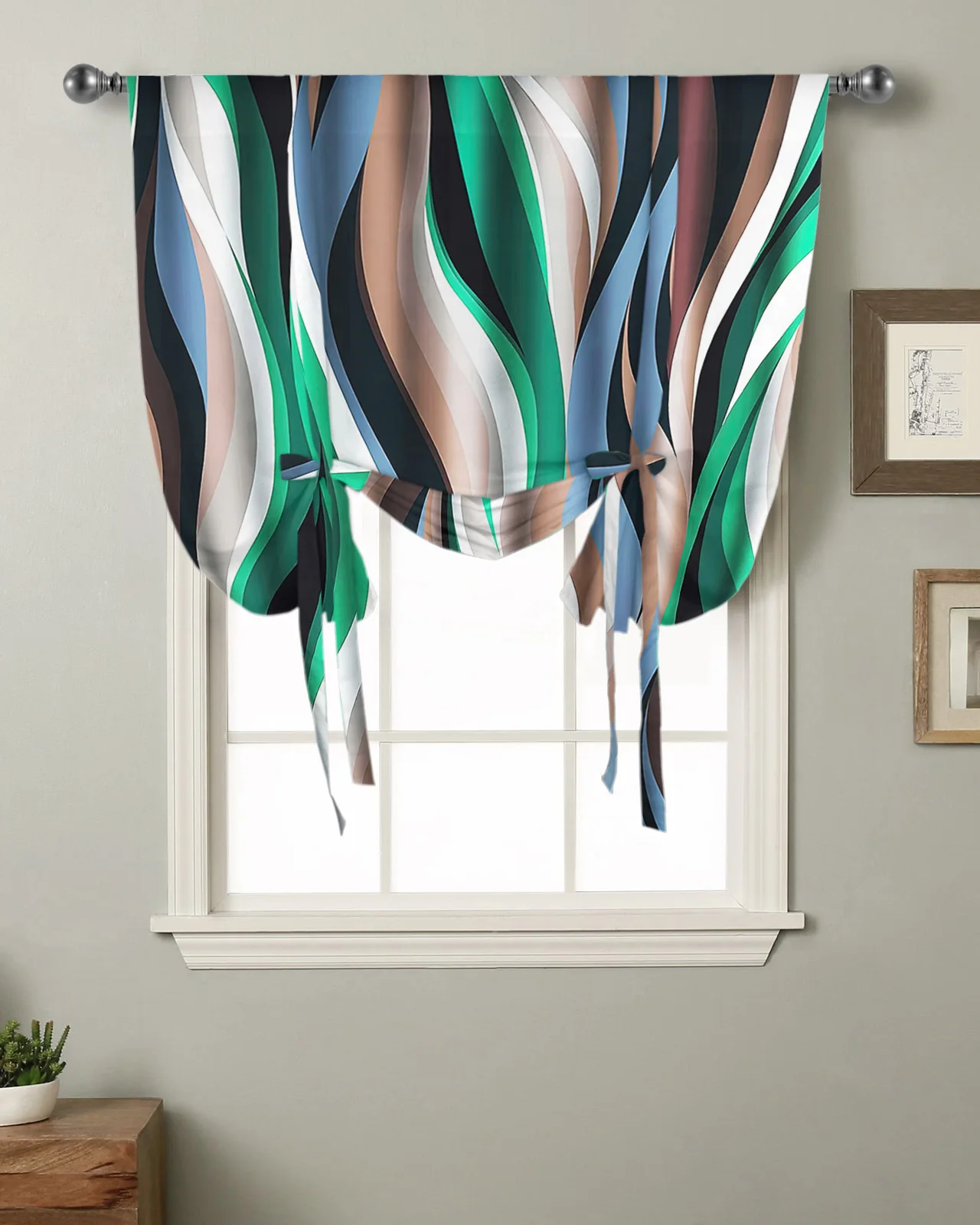 Abstract Gradient Line Color Block Green Kitchen Short Window Curtain Modern Home Decor Small Window Roman Tie Up Curtains