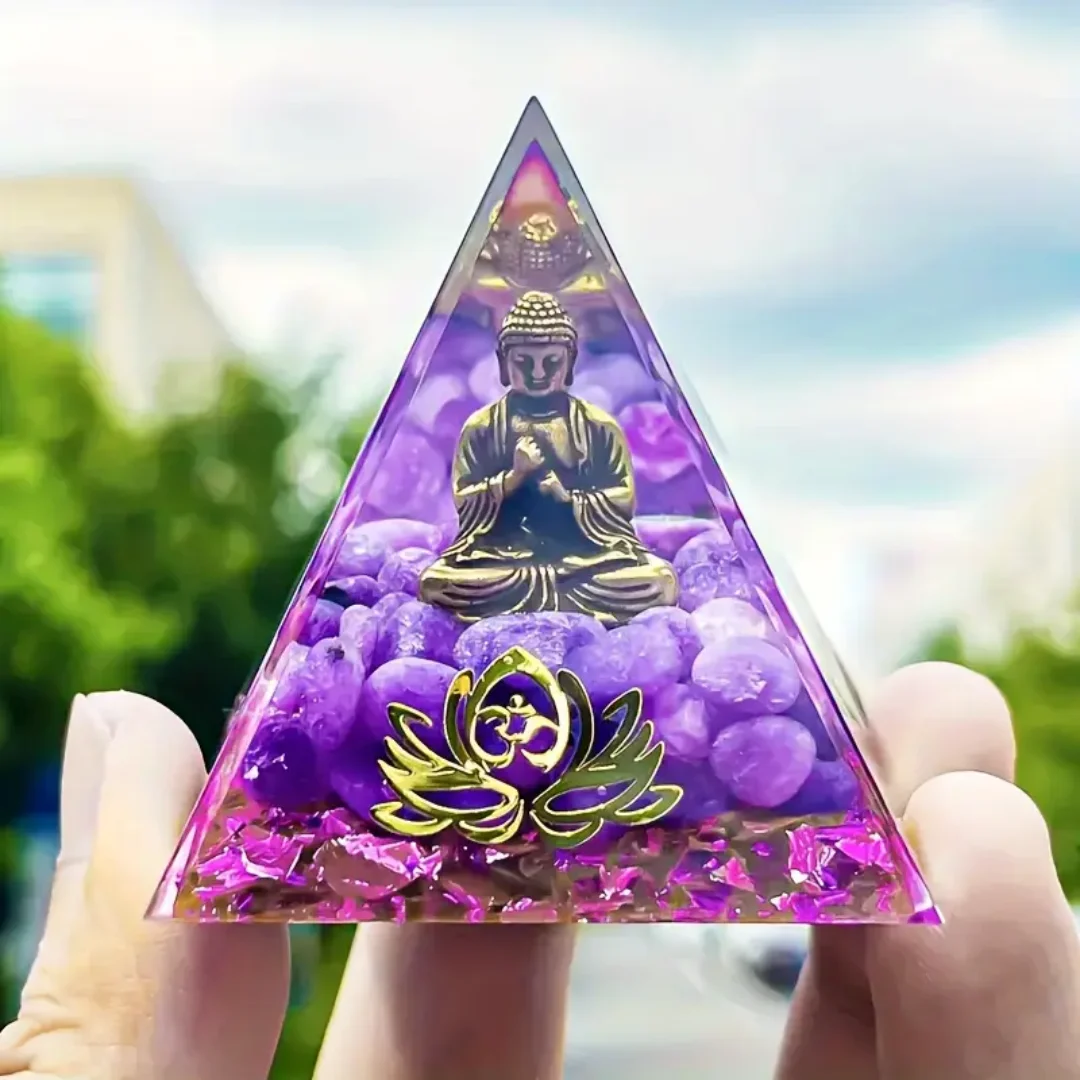 1pc Little Buddha Statue Crystal Pyramid, Purple Jade with Baby Buddha Figurine, Bohemian Natural Crystal Orgone Pyramid Golden