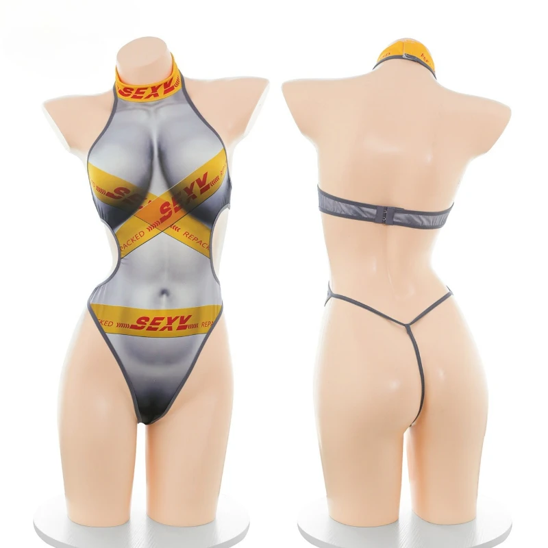 

Sexy Imitation Packaging Tape Bodysuit Women Cosplay Costume Human Body Print Underwear Nightwear Role Play Outfits Lingerie