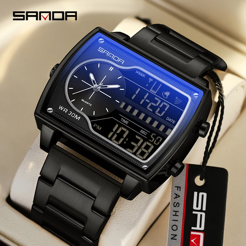 SANDA 6163 Trend Herren-Quarzuhr, Kalender, modisch, quadratisch, Countdown, Sport, wasserdicht, Dual-Display, digitale Uhren für Männer