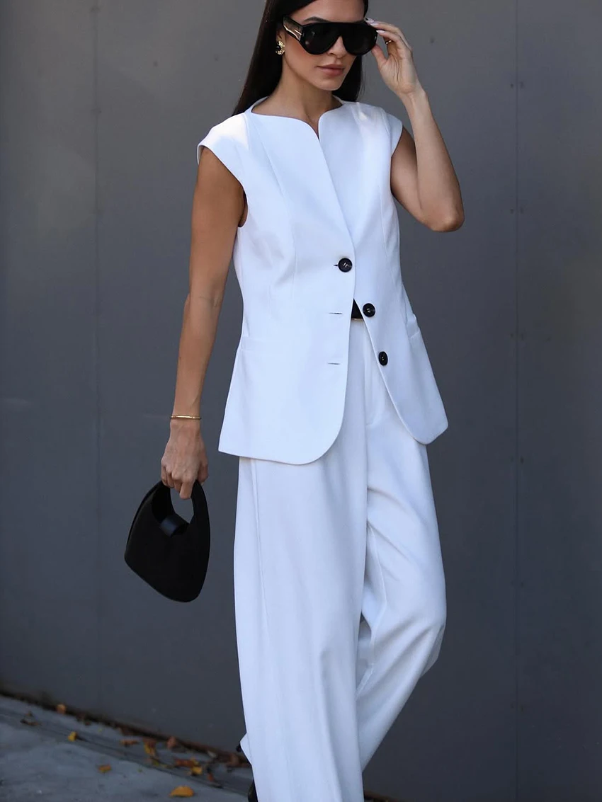 Marthaqiqi Summer Female Pajama Suit Sexy V-Neck Sleepwear Sleeveless Nightgown Wide Leg Pants White Fashion Women Nightwear Set