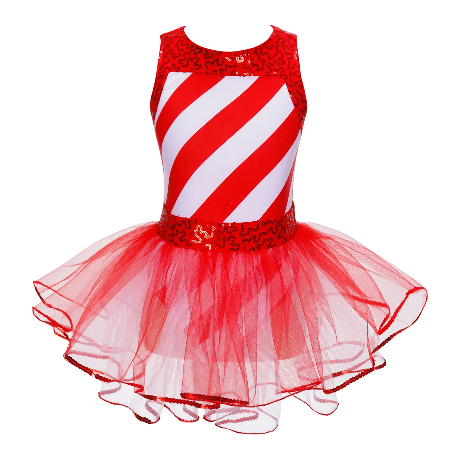 Kid Girls Fluffi Ballet Dancewear Dress Stripe Candy Cane Christmas Costume Pageant Party Figure Ice Skating Tutu Dress Leotard