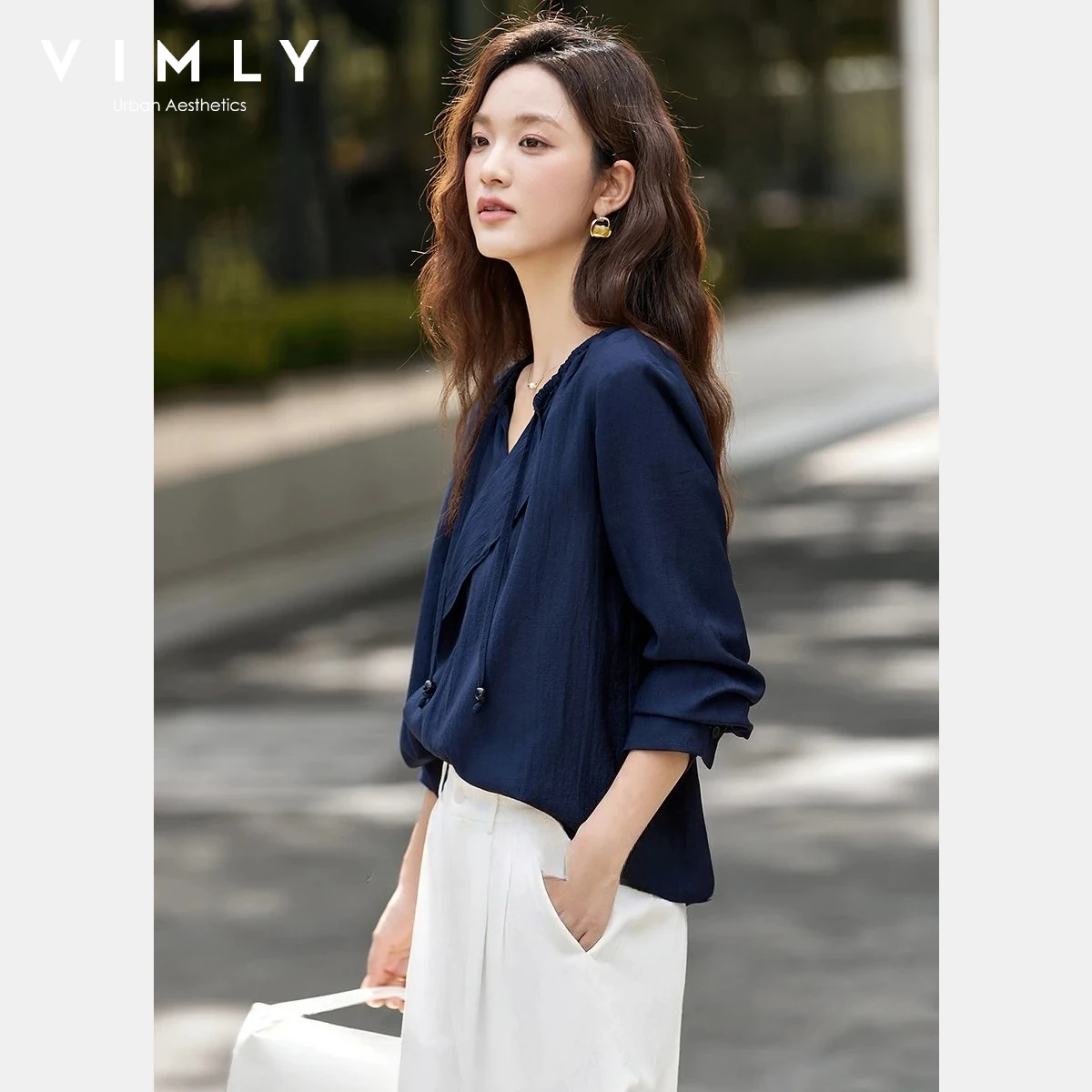 

Vimly Chiffon Shirt for Woman 2025 Autumn Ruffle Trim V-Neck Lace-up Detail Relaxed Fit Blouses Casual Office Ladies Top A3019