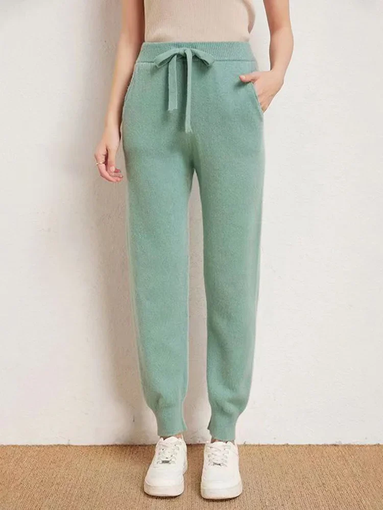 Pantalones de punto de lana 100% para mujer, pantalones de chándal deportivos informales, versión coreana, pantalones de pierna pequeña, pantalones
