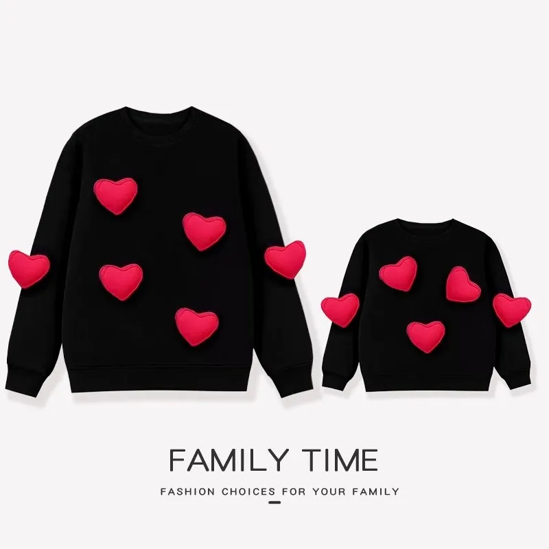 Warm Family Matching Thick Sweatshirts Hearts Korean Dad Mom Son Daughter Clothes Baby Cute Romper Parents and Children Clothing