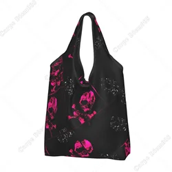 Bolso de mano de Horror gótico para mujer, bolsa plegable de compras, trabajo al aire libre, caminar al aire libre, sin cremallera, rosa, púrpura, Calavera