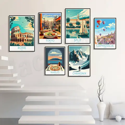 Cappadocia, Chamonix skiing, Capri, Naples, Barcelona, Perast Montenegro, Siena Italy, Tokyo, Croatia, Seville travel posters