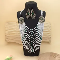 Chic Vintage Turkish Jewelry Women Bead Choker Necklace Multi-strip Chain Crystal Earring Flower Eardrop Bohemia Bridal Bojoux