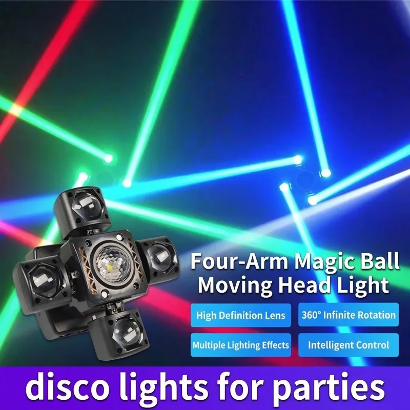 Disco Light 80W 4-Arm Magic Ball Moving Head Light 21CH DMX512 RGBW Beam Laser Strobe Stage Light for Club Bar Stage Performance