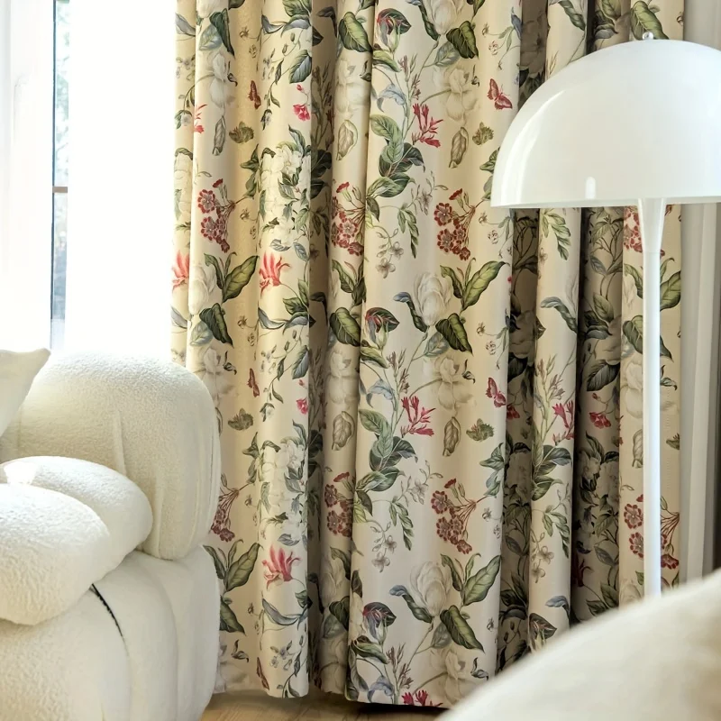 American Countryside Floral Curtains Drapes Beige Living Room Bedroom Panels Cottagecore Style Lightweight Window Dressing Fabri