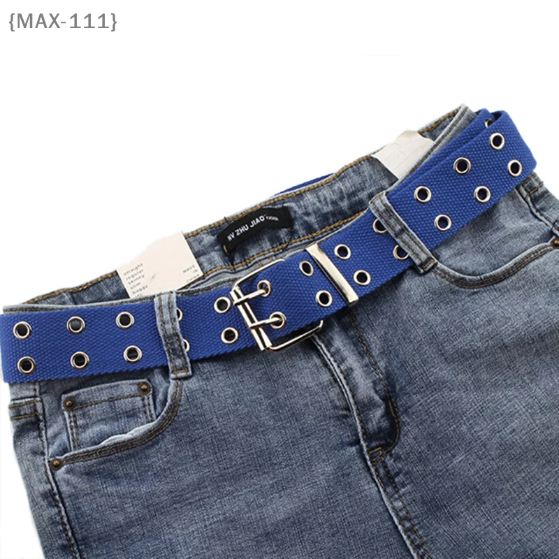 【MAX-111】【xxx】Damski pasek z nylonu i płótna z ćwiekami, oczkami i dwurzędową klamrą, 105 cm【W1】