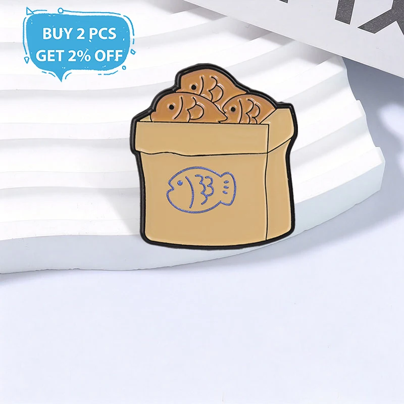 Cute Paper Bag Full of Taiyaki Enamel Pins Snack Cartoon Brooches Fashion Lapel Badge Backpack Clothes Jewelry Gift for Friends