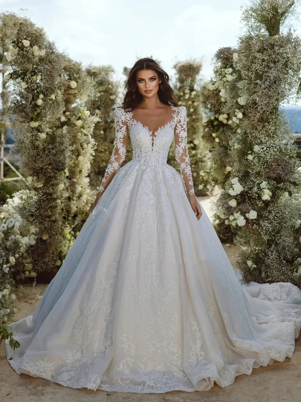 2024 nova chegada elegante princesa a linha vestidos de casamento personalizado colher pescoço renda apliques mangas completas vestido de noiva