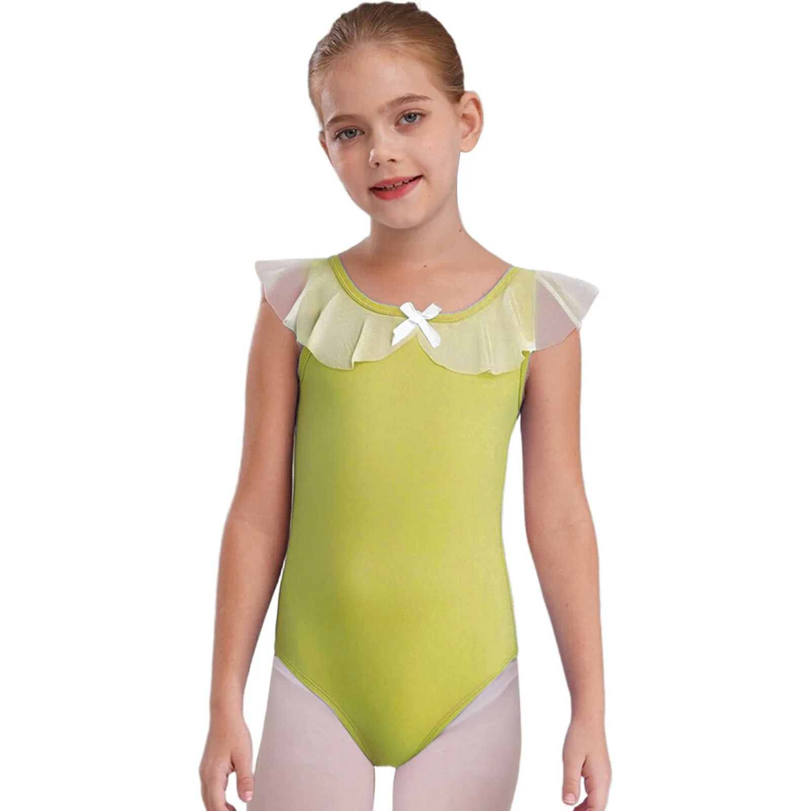 

Kids Girls Mesh Ruffles Ballet Warm-up Practicing Leotard Sleeveless Backless Bodysuit for Gymnastics Dance Performance Bodysuit