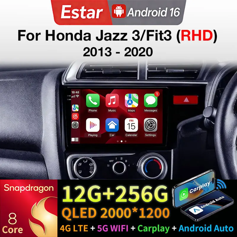 Android 16 Car Radio For Honda Jazz 3 2015 - 2020 Fit 3 GP GK 2013 - 2020 (RHD) Wireless Carplay Android Auto BT Navigation 2Din