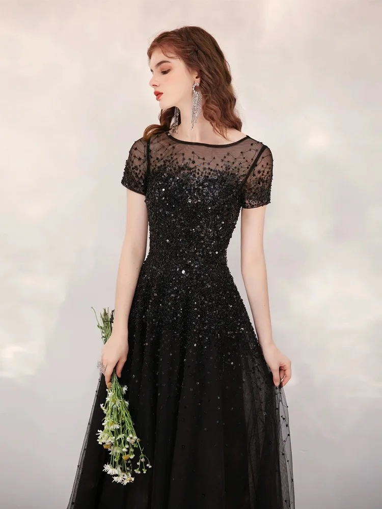 Robe Quinceanera de luxe A-Line pour femme, manches courtes, perlée, élégante, fête, gris, or, noir, rouge, LA70976, 2024