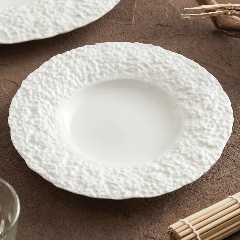 Solid Color Circular Ceramic Plate, Rock Patterned Wide Edge Soup Plate, Dessert Plate, Specialty Restaurant Tableware