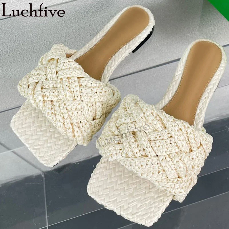 

2023 Summer New Luxury Brand Mules Slippers Women Twist Weave Thin High Heel Slippers Summer Sexy Fashion Flat Slippers Woman