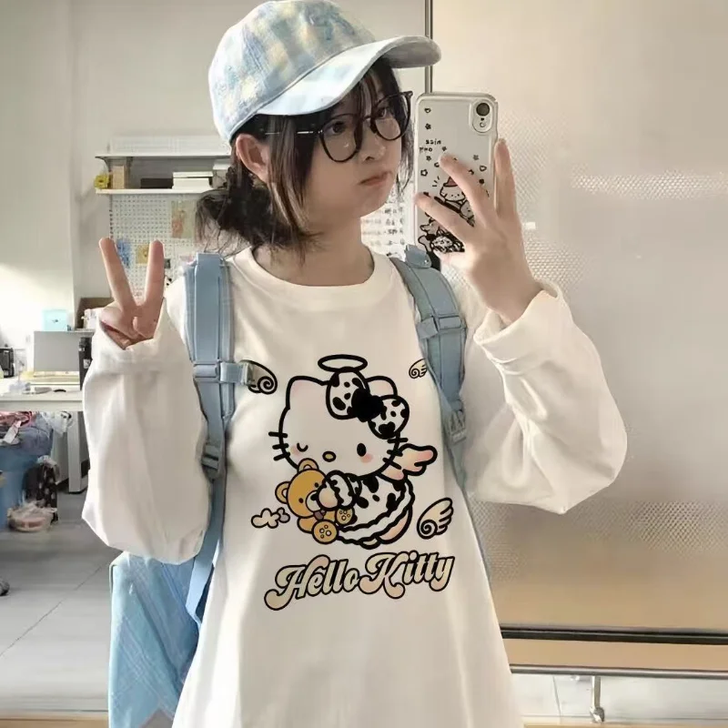 سانريو مرحبا كيتي الشباب المرأة تي شيرت Kawaii الكرتون الخريف والشتاء موضة ملابس امرأة طويلة الأكمام تيز القمم Newstyle #2